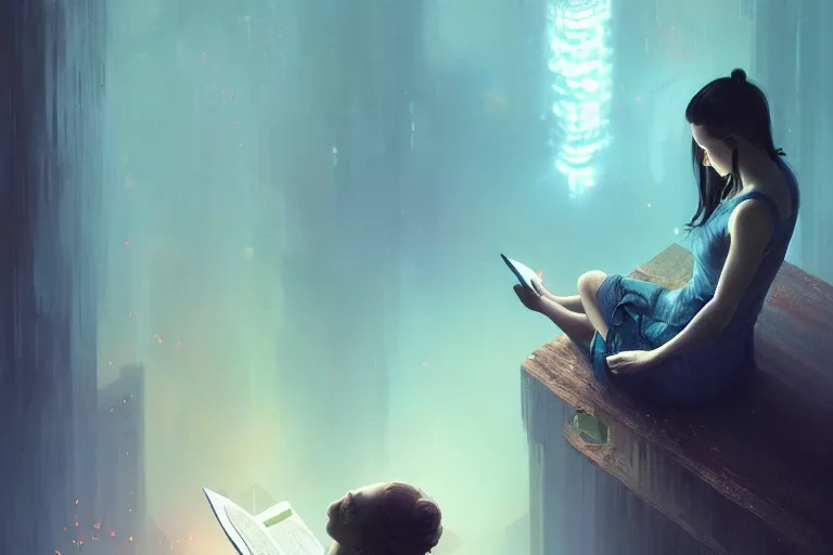 Image similar to breathe into euphoria, a girl reading a book, altered carbon, dreamy ethereal vibe, atmospheric, detailed intricate render, fibbonacci, detailed illustration, hd, 4 k, digital art, overdetailed art, surrealistic, by greg rutkowski, by loish, laura sava, slavic traditional trending on artstation, deviantart