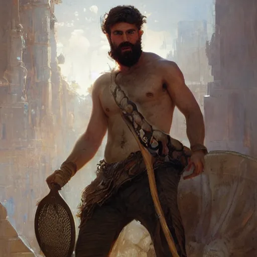 Image similar to young gladiator man with a trim beard, athletic, dopey expression, holding a net, fantasy character portrait by greg rutkowski, gaston bussiere, craig mullins