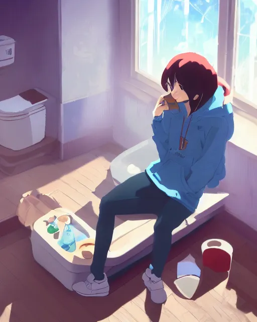 Image similar to a girl sitting on the toilet eating toast in a cluttered room, wearing a hoodie, anime scene by Makoto Shinkai, digital art, 4k