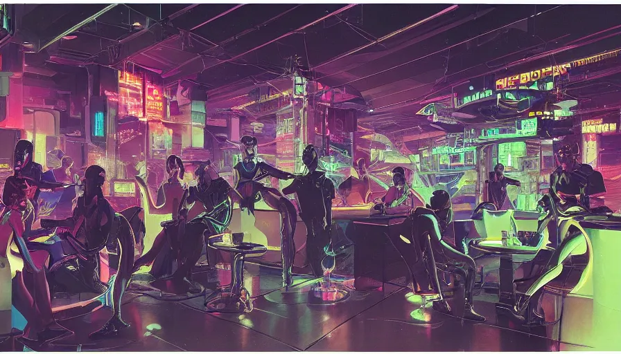 Image similar to a group of augmented cyberpunk characters talking in a night club, neon lighting, sci-fi concept art, by Syd Mead, highly detailed, oil on canvas