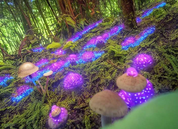 Image similar to glowing delicate flower and mushrooms that grow in a dark fatansy forest on the planet Pandora,