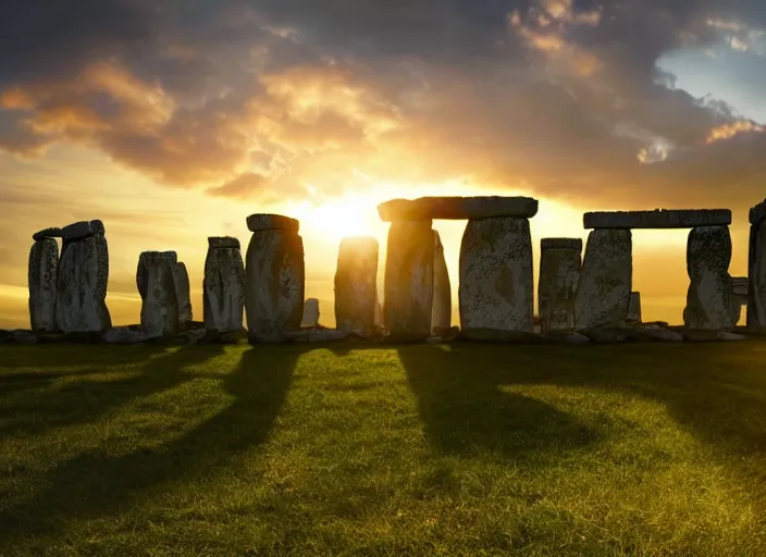 Prompt: sunrise at stonehenge, beautiful dynamic lighting, cinematic, wide angle establishing shot, extremely high detail, photo realistic, cinematic lighting, post processed, concept art, volumetric lighting, official fanart behance, hd, artstation, unreal engine 8k