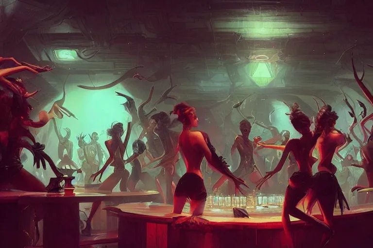 Image similar to night club, girls dance, cinematic lighting, exaggerated detailed, unreal engine, art by greg rutkowski & peter mohrbacher