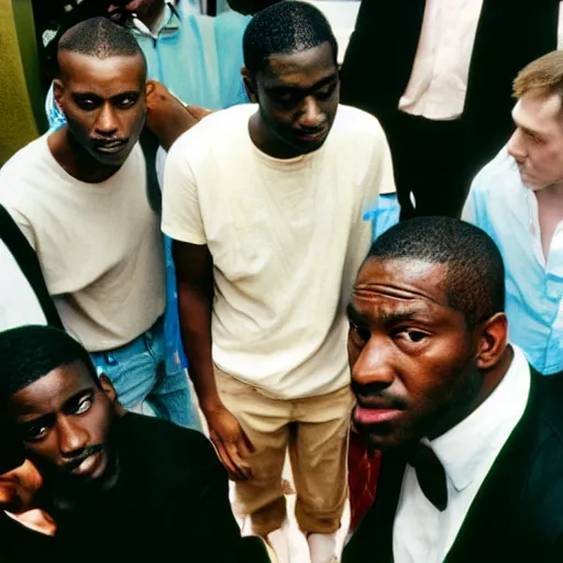Prompt: photo of 10 white men surrounding one black man, cinestill, 800t, 35mm, full-HD