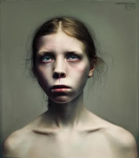 Image similar to a high quality, high detail, portrait photography of a beautiful girl by gottfried helnwein and kyle thompson, zdzisław beksinski