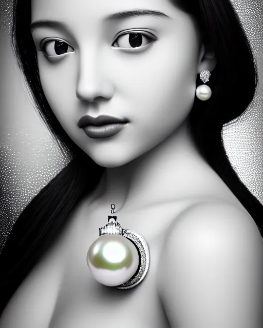 Image similar to black and white dreamy young beautiful female artificial intelligence, realistic pearl ornament in the face, long hair are intricate with highly detailed realistic pearls, cinematic, rim light, bokeh, photo - realistic, elegant, high detail, 8 k, masterpiece, photo taken in 1 9 3 0