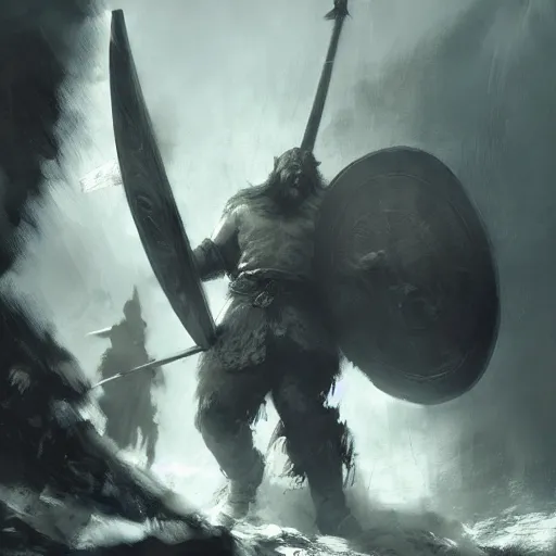 Image similar to viking fighting a giant in the style of craig mullins, ruan jia, kentaro miura, greg rutkowski, loundraw