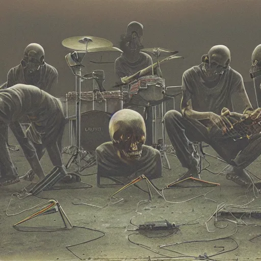 Prompt: concert photograph of death grips, mc ride, zach hill, andy morin, death grips, playing a concert in a desolate brutalist wasteland, painted by zdzislaw beksinski