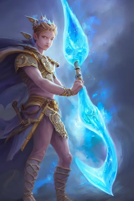 Image similar to legendary fairy prince hold flame staff, blue energy, highly detailed, d & d, fantasy, highly detailed, digital painting, trending on artstation, concept art, sharp focus, illustration, global illumination, ray tracing, realistic shaded, art by artgerm and greg rutkowski and fuji choko and viktoria gavrilenko and hoang lap