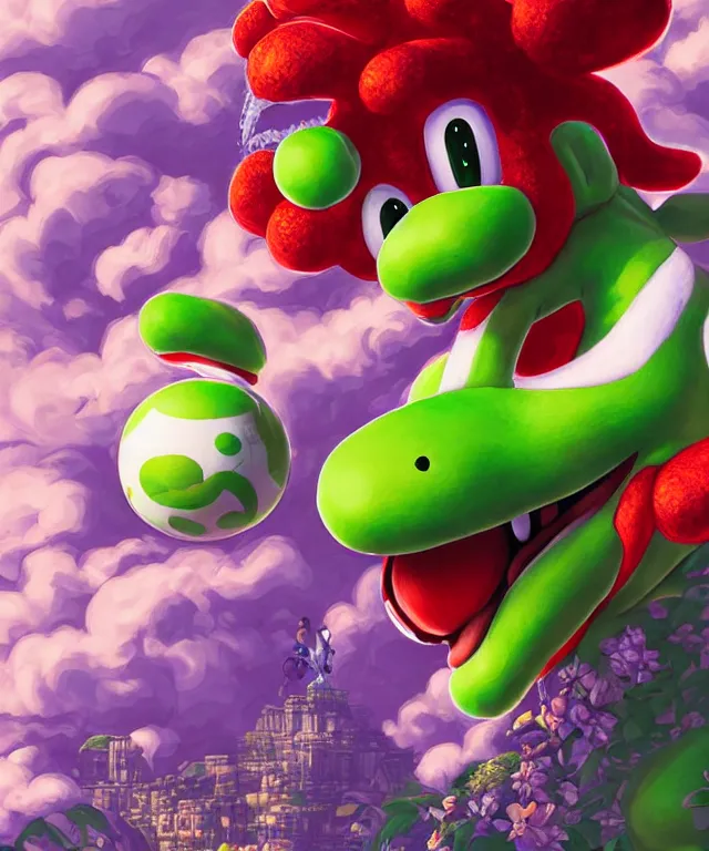 Prompt: yoshi, highly detailed digital illustration, by ross tran, hirohiko araki, koyoharu gotouge