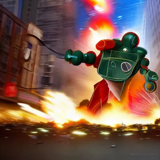 Prompt: giant toy soldier robot destroying a city explosion, panic, chaos