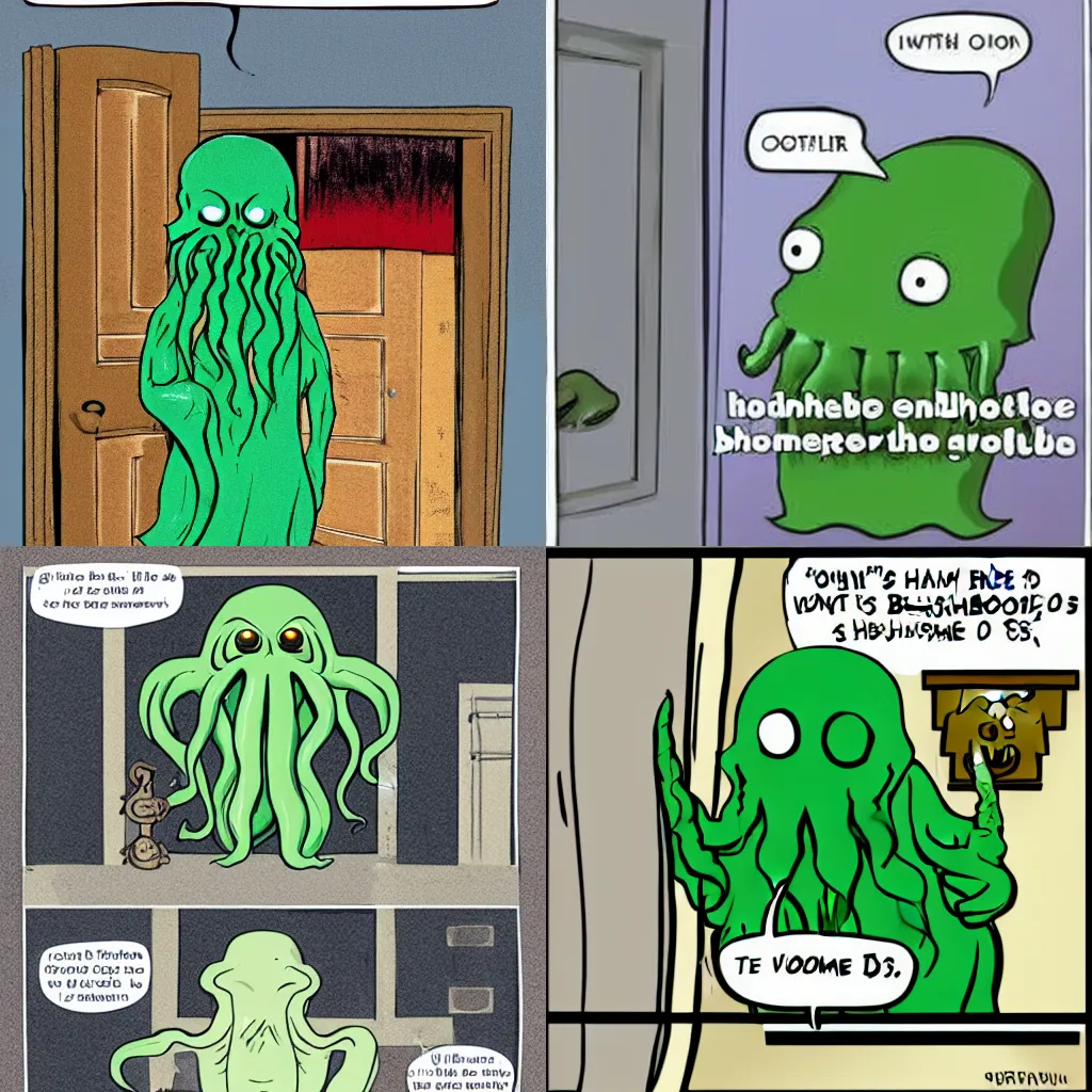 Prompt: cthulhu wearing bathrobes, feeling ashamed and being surprised by someone opening the door