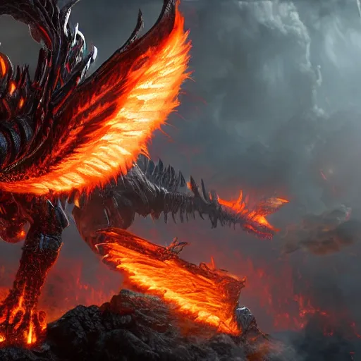 Image similar to 4k unreal engine render of Deathwing spreading his fire in a epic way, dynamic lighting, stunning visuals, cinematic, ultra detailed, trending on art station, fantasy concept art