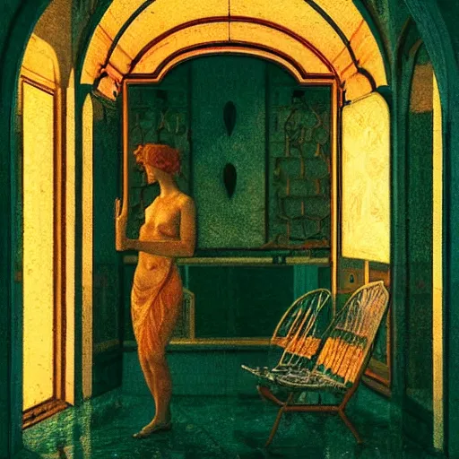 Prompt: a goddess in a liminal room, film still by wes anderson, depicted by leon battista alberti, limited color palette, very intricate, art nouveau, highly detailed, lights by hopper, soft pastel colors, minimalist