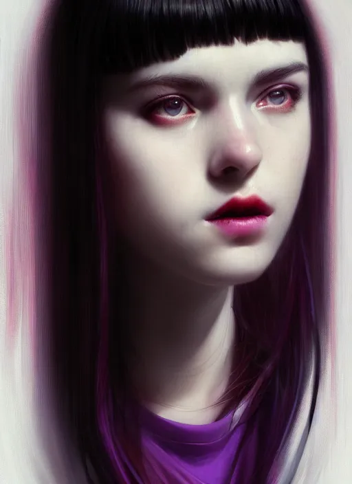 Image similar to portrait of teenage girl, red irises, bangs, black and white hair, white bangs, purple clothes, white bangs, bangs, black hair and white bangs, intricate, elegant, glowing lights, highly detailed, digital painting, artstation, concept art, smooth, sharp focus, illustration, art by wlop, mars ravelo and greg rutkowski