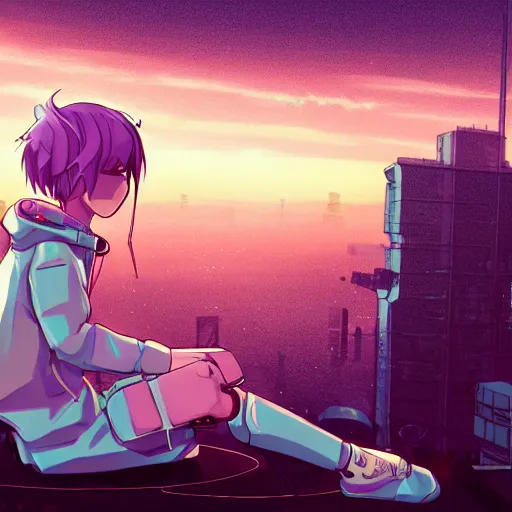 Prompt: android mechanical cyborg anime girl child overlooking overcrowded urban dystopia sitting. Pastel pink clouds baby blue sky. Gigantic future city. Raining. Makoto Shinkai. Wide angle. Distant shot. Purple sunset. Sunset horizon ocean reflection. Pink hair. Pink and white hoodie. Cyberpunk. featured on artstation. robotic wired knee circular pivot. white sweater.