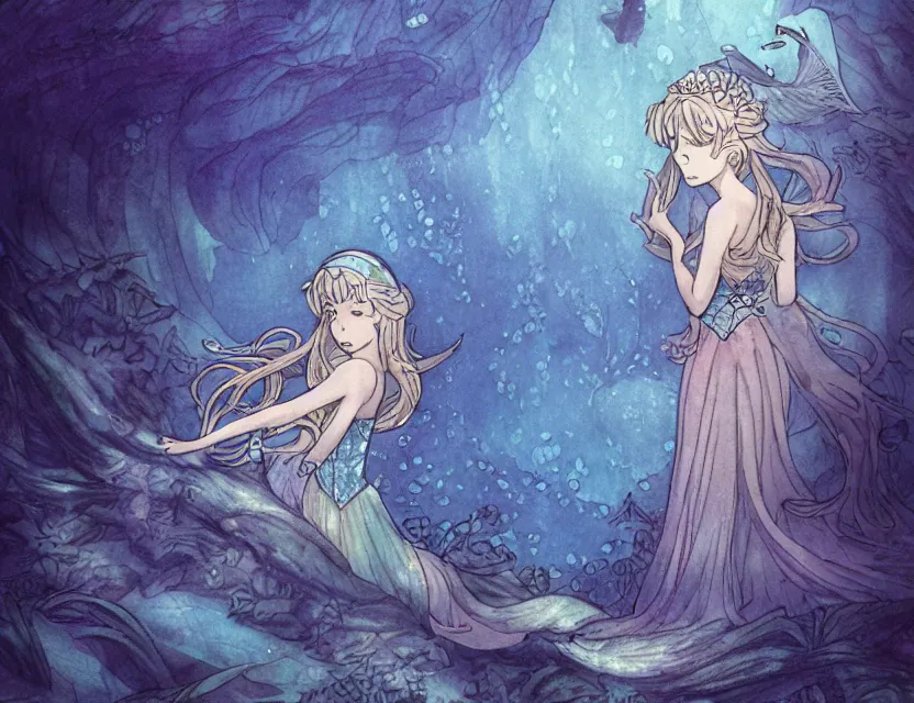 Prompt: princess of the sea at the labradorite forest. color ink wash by award - winning mangaka, chiaroscuro, bokeh, backlighting, intricate details