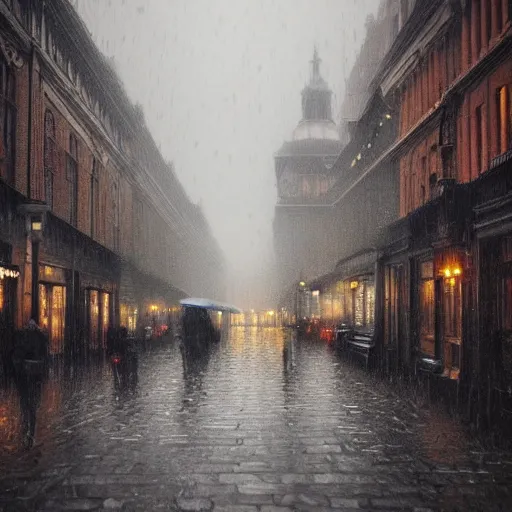 Image similar to rainy victorian city, 8k, ultrarealistic, ultra hd, gloomy, photorealistic