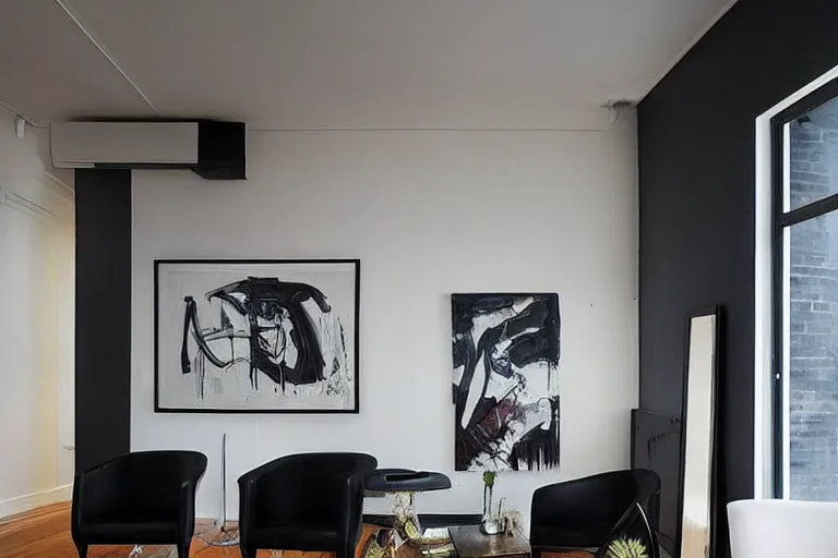 Prompt: “award-winning interior sculpture in an Australian artist’s apartment, black walls”