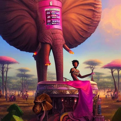 Image similar to a regal and elegant african queen with a colorful afro sitting in a cabana on top of an extremely large steampunk elephant near a pink lake with a large glowing baobab tree, by greg rutkowski and android jones in a cyberpunk style, oil on canvas 8k, hd