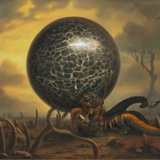 Image similar to suppose those damnable man - lizards always watch and guard it, a peter bollinger oil deranged oil painting, the hatching sphere birthed a tiger