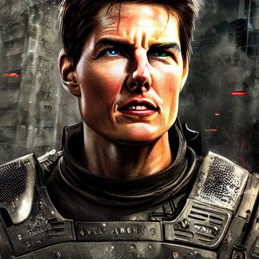 Prompt: tom cruise portrait, dystopia core, apocalyptic, armor, warrior, dramatic, sharp focus, fiction, neon, fantasy, hyper detailed, digital art, trending in artstation, cinematic lighting, studio quality, smooth render, unreal engine 5 rendered, octane rendered, art style and nixeu and wlop and krenz cushart