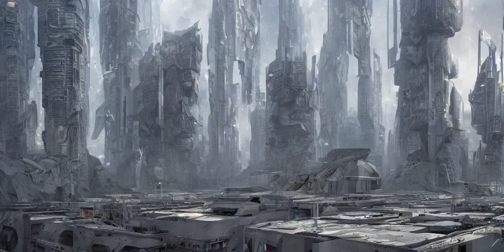 Image similar to complex and futuristic cyberpunk robot city made out of white marble and brutalist concrete with falling snow, photo by jim burns, peter andrew jones, michael hutter, sharp digital painting. dreaming latent space. matte painting, concept art. artstation. digital render, award winning architecture, hdrp, ue 4, ue 5, revit, autodesk, autocad