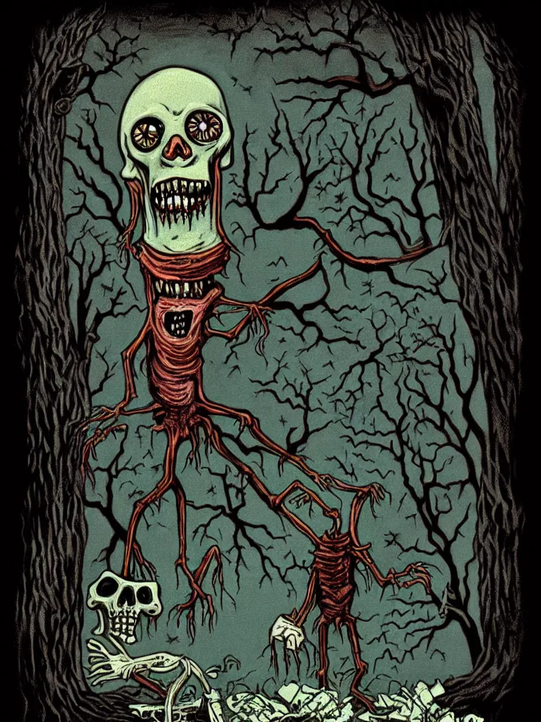 Prompt: full color vintage horror illustration of a freaky ghoul under dead trees with toilet paper streaming down, spooky lighting, pinterest