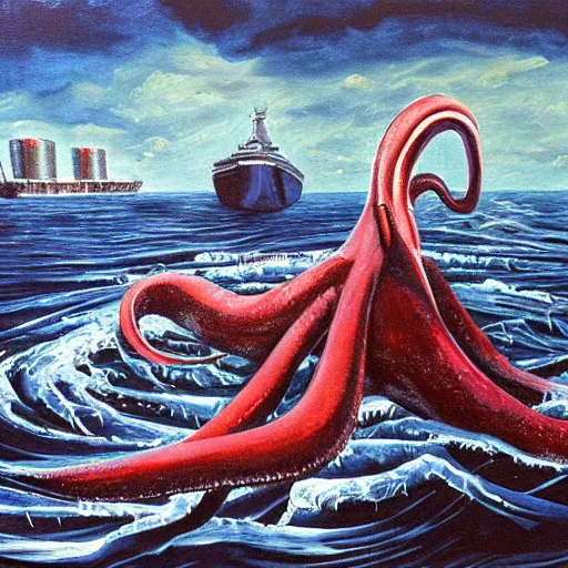 Image similar to A giant squid destroying a cruise ship in the middle of the ocean, oil painting