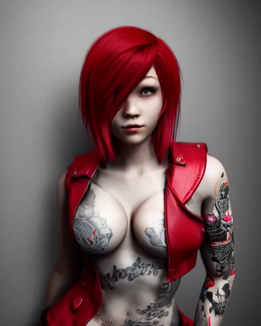 Image similar to a girl with short red hair, cool, vi from arcane, league of legends, fighter, cool red jacket, tattoo, beautiful, 3 d, potrait, art staion, studio light, closeup shot, octane render, wlop