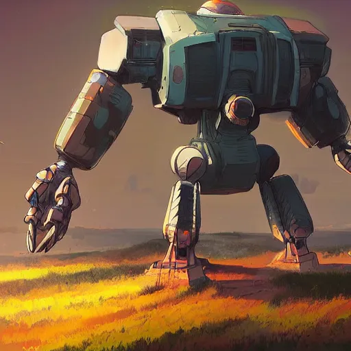 Prompt: sentinel robot picking up flower on infested planet in no man's sky digital art in the style of greg rutkowski and craig mullins, 4 k