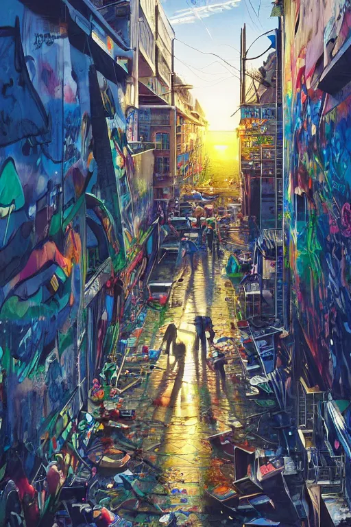 Prompt: people in a busy city people looking at a white building covered with a 3d graffiti mural with paint dripping down to the floor, hiroshi yoshida, painterly, yoshitaka Amano, artgerm, moebius, loish, painterly, and james jean, illustration, sunset lighting