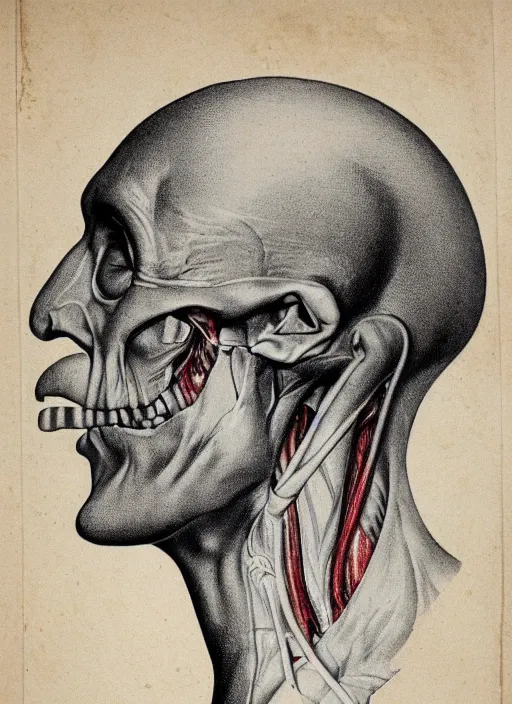 Image similar to vintage medical anatomical illustration of nosferatu head, highly detailed, labels, intricate writing