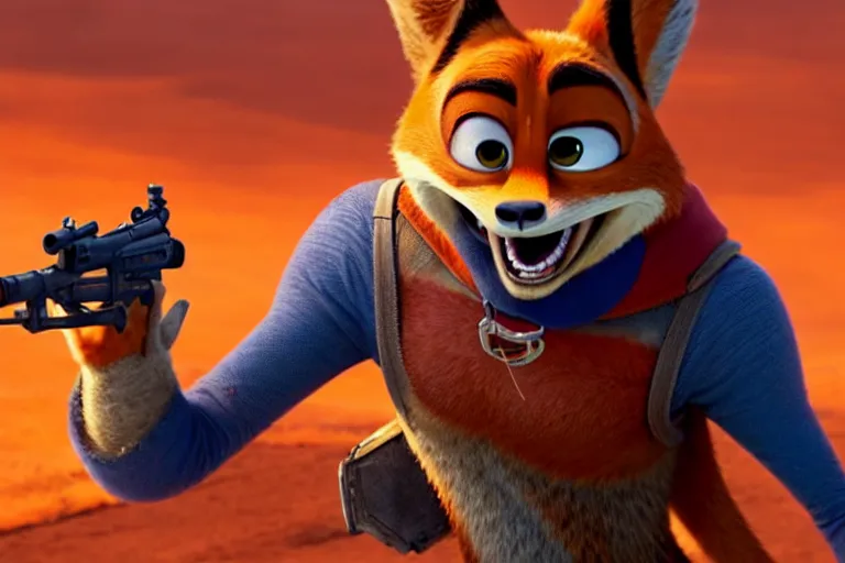 Image similar to nick wilde ( from zootopia ), heavily armed and armored facing down armageddon in a dark and gritty reboot from the makers of mad max : fury road : witness me