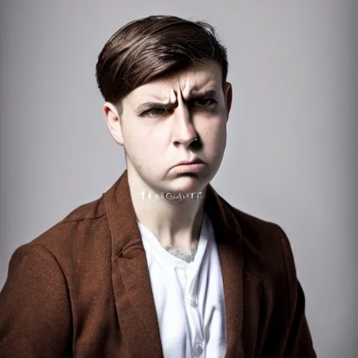 Prompt: beautiful colorful studio portrait photograph, of an angry young adult male, with short brown hair and no beard