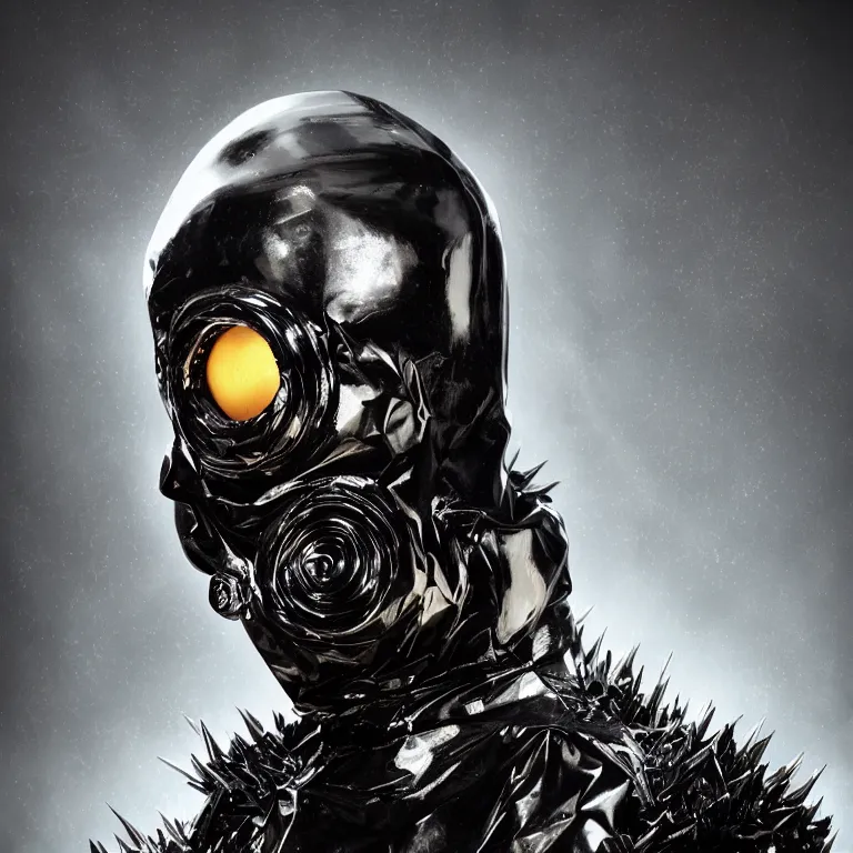 Prompt: vogue portrait octane render portrait by wayne barlow and carlo crivelli and glenn fabry, a man wearing a shiny black latex punk rock hazmat suit covered in band decals and metal spikes, dramatic lighting, fog and mist, cinema 4 d, ray traced lighting, very short depth of field, bokeh