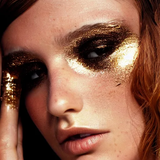 Image similar to extreme close up portrait of stunningly beautiful girl, gold dust make up, high res photo, 8 k, by mario testino