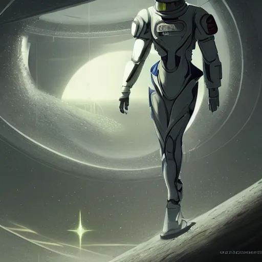 Prompt: a beautiful illustration of an futuristic astronaut with a futuristic white cybernetic spacesuit walking out of a black futuristic spaceship landed on the moon, by greg rutkowski, digital artwork, artstation, cgartists, conceptartworld, deviantart, magic the gathering artstyle, floating magical rocks, lush green meadow