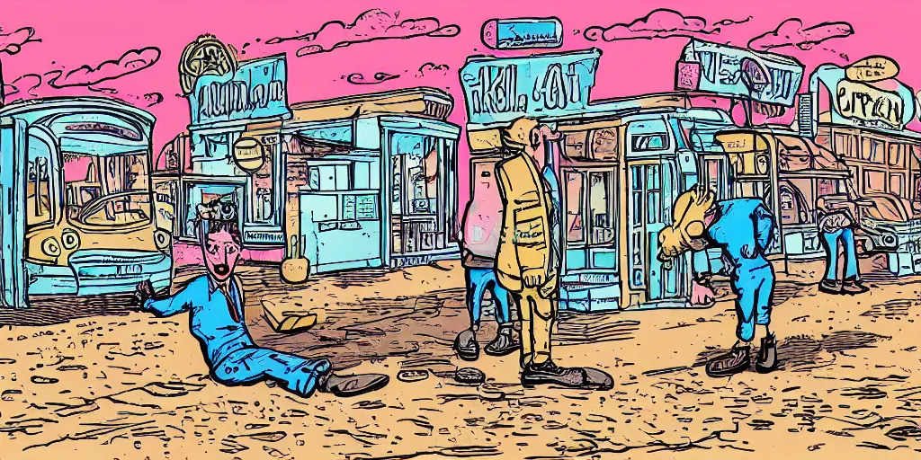 Image similar to man melting like an ice cream while waiting for a bus in a ghost town in the style of robert crumb, cartoon, illustration, high detail