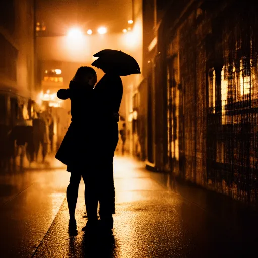 Image similar to an emotional picture of two shadowy figures hugging each other at night in an ally, it is raining heavily, 35mm, motion blur, long exposure, there is traffic