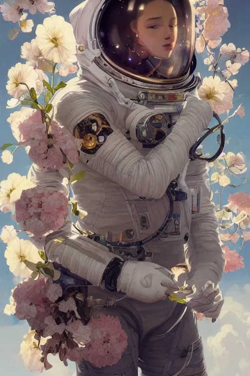 Image similar to ultra realistic illustration, astronaut in space with flowers blossoming from helmet, elegant, highly detailed, digital painting, concept art, smooth, sharp focus, illustration, art by artgerm and greg rutkowski and alphonse mucha