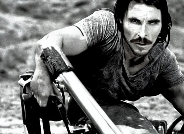 Image similar to film still of Christian Bale as Max in Mad Max 1979