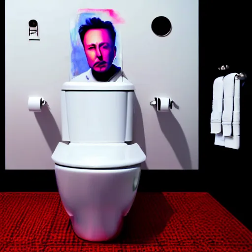 Image similar to hyperrealism aesthetic ridley scott and denis villeneuve and gaspar noe style photography of a detailed hyperrealism elon musk, siting on the detailed hyperrealism toilet bowl and scrolling his detailed smartphone in hyperrealism scene from detailed art house movie in style of alejandro jodorowsky and wes anderson hyperrealism volumetric ambient light