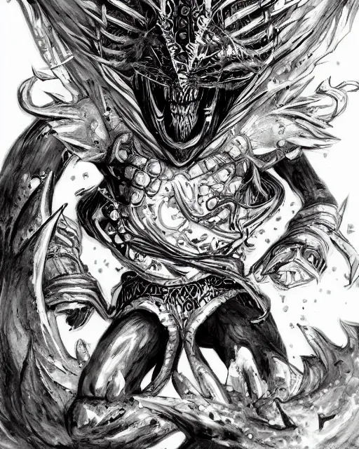 Image similar to A d&d mimic leaving a chest, black and white, fantasy art, monster art, in the style of masami kurumada, illustration, epic, fantasy, intricate, hyper detailed, artstation, concept art, smooth, sharp focus, ray tracing