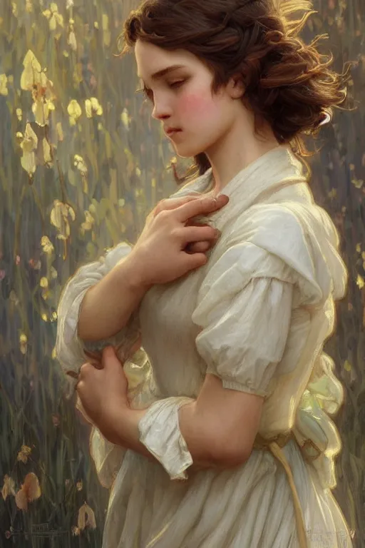 Image similar to beautiful cottagecore young peasant maiden, innocent, intricate, elegant, highly detailed, digital painting, artstation, concept art, smooth, sharp focus, illustration, art by artgerm and greg rutkowski and alphonse mucha
