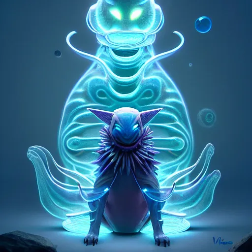 Prompt: ( psychic pokemon ) creature creature in a alaska, bioluminescent bioluminescent translucent translucent : : by michal karcz, daniel merriam, victo ngai and guillermo del toro : : ornate, dynamic, particulate, intricate, elegant, highly detailed, centered, artstation, smooth, sharp focus, octane render, 3 d