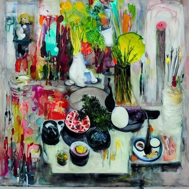 Prompt: “ a portrait in a female art student ’ s apartment, sensual, vegetables, art supplies, paint tubes, palette knife, pigs, ikebana, herbs, a candle dripping white wax, squashed berries, berry juice drips, acrylic and spray paint and oilstick on canvas, surrealism, neoexpressionism ”