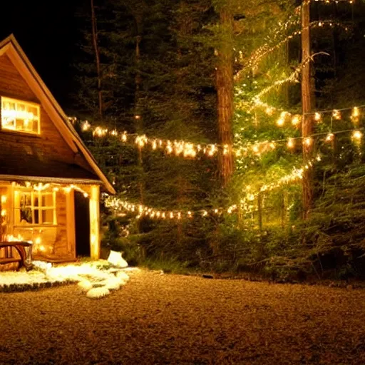 Image similar to cozy cottage in the woods at night with string lights and giant trees