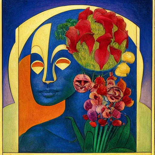 Image similar to painting of a facemask made of flowers, by annie swynnerton and jean delville and edward hopper and evelyn de morgan and rufino tamayo, art deco flower shaman, art brut, outsider art, symbolist, dramatic lighting, god rays, elaborate geometric ornament, clean crisp graphics, smooth sharp focus, extremely detailed, adolf wolfli