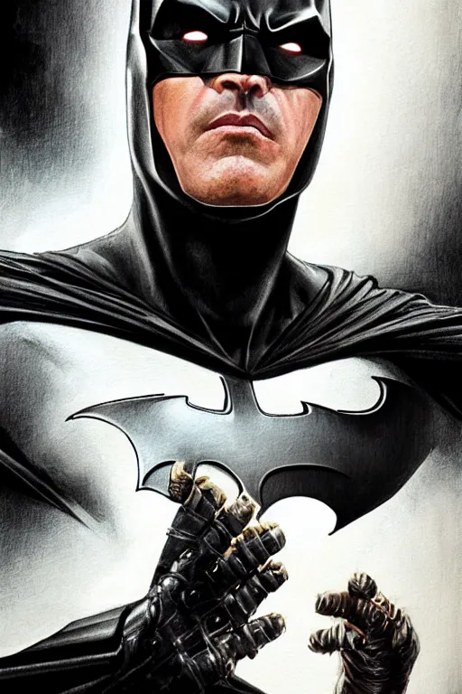 Image similar to Portrait of Michael Keaton as Batman, dark cinematic lighting, intricate, elegant, highly detailed, digital painting, artstation, painted by Artgerm and Mark Waid and Greg Rutkowski and Mandy Jurgens